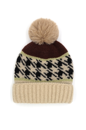 S30-1-1-MH0137-TP - HOUNDSTOOTH BEANIE W/ POMPOM-TAUPE/6PCS