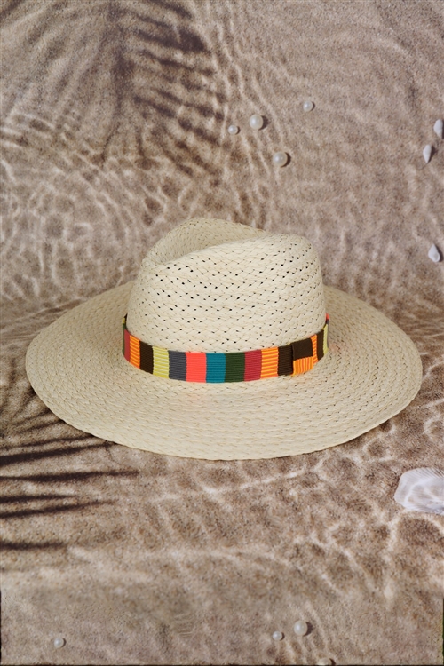 S30-1-1-MH0147-BE - MULTI COLOR STRIPE BAND STRAW HAT-BEIGE/6PCS