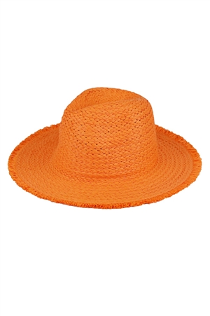 S30-1-1-MH0149-OR - FRAYED SOLID STRAW SUN HAT-ORANGE/6PCS