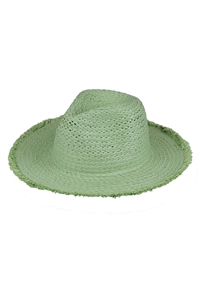 S30-1-1-MH0149-OV - FRAYED SOLID STRAW SUN HAT-OLIVE/6PCS