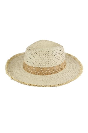 S30-1-1-MH0150-BE - CHEVRON BAND FRAYED TWO TONE STRAW SUN HAT
-BEIGE/6PCS