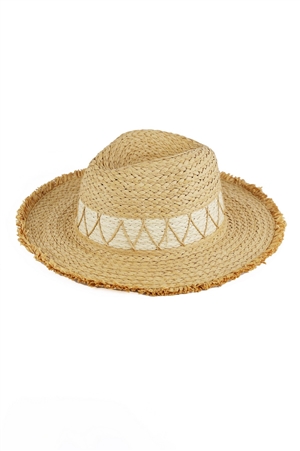 S30-1-1-MH0150-TP - CHEVRON BAND FRAYED TWO TONE STRAW SUN HAT
-TAUPE/6PCS