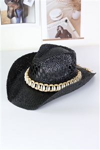 S30-1-1-MH0153-BK - SEASHELLS BAND COWBOY COWGIRL HANDMADE HAT-BLACK/6PCS