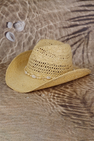 S30-1-1-MH0154-BE - BEAD SHELLS BAND COWBOY COWGIRL HANDMADE HAT-BEIGE/6PCS