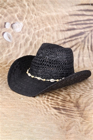 S30-1-1-MH0154-BK - BEAD SHELLS BAND COWBOY COWGIRL HANDMADE HAT-BLACK/6PCS