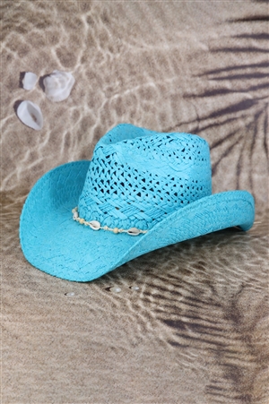 S30-1-1-MH0154-TQ - BEAD SHELLS BAND COWBOY COWGIRL HANDMADE HAT-TURQUOISE/6PCS