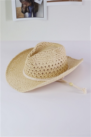 S30-1-1-MH0155-BE - STRAW COWBOY COWGIRL HANDMADE HAT WITH CHIN STRAP-BEIGE/6PCS