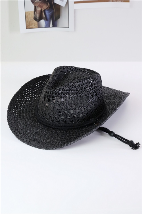 S30-1-1-MH0155-BK - STRAW COWBOY COWGIRL HANDMADE HAT WITH CHIN STRAP-BLACK/6PCS