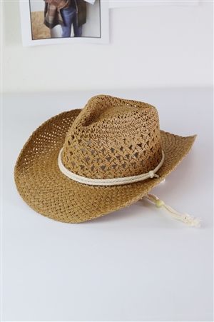 S30-1-1-MH0155-BR - STRAW COWBOY COWGIRL HANDMADE HAT WITH CHIN STRAP-BROWN/6PCS