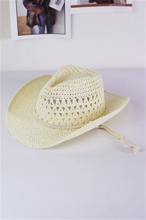 S30-1-1-MH0155-IV - STRAW COWBOY COWGIRL HANDMADE HAT WITH CHIN STRAP-IVORY/6PCS
