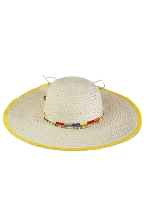 S30-1-1-MH0156-YE - COLORED FRAYED FLOPPY STRAW HAT WITH MULTI BANDS
-YELLOW/6PCS