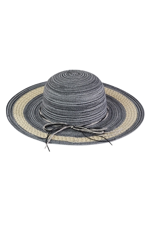 S30-1-1-MH0157-BK - MIXED COLOR STRAW SUN HAT WITH WOVEN DETAIL & STRING BAND-BLACK/6PCS