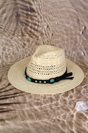 S30-1-1-MH0158-BE - STRAW HANDMADE SUN HAT WITH BEADED BAND-BEIGE/6PCS