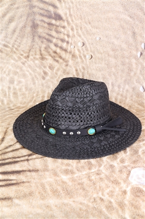 S30-1-1-MH0158-BK - STRAW HANDMADE SUN HAT WITH BEADED BAND-BLACK/6PCS