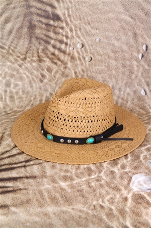 S30-1-1-MH0158-TP - STRAW HANDMADE SUN HAT WITH BEADED BAND-TAUPE/6PCS