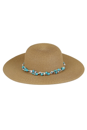 S30-1-1-MH0159-TP - STRAW SUN HAT WITH EVIL EYE, STARFISH AND BEAD BAND-TAUPE/6PCS