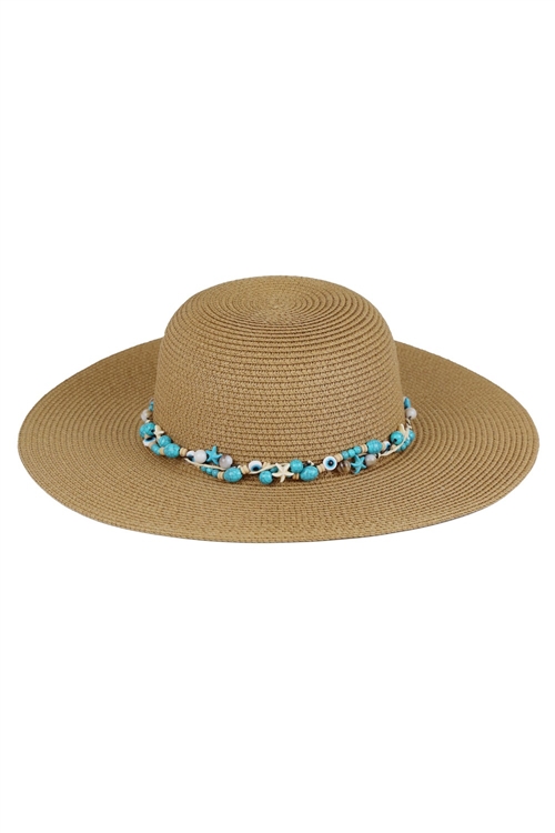 S30-1-1-MH0159-TP - STRAW SUN HAT WITH EVIL EYE, STARFISH AND BEAD BAND-TAUPE/6PCS
