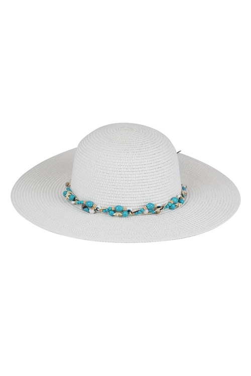 S30-1-1-MH0159-WH - STRAW SUN HAT WITH EVIL EYE, STARFISH AND BEAD BAND-WHITE/6PCS