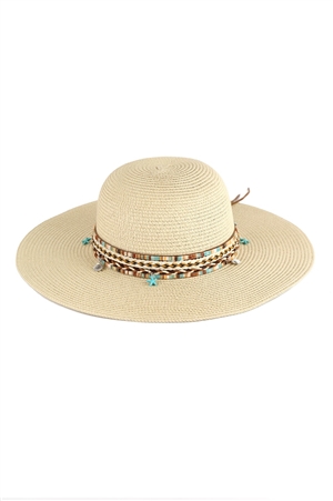 S30-1-1-MH0161-BE - FLOPPY STRAW HAT WITH BOHO AND SEALIFE BAND-BEIGE/6PCS