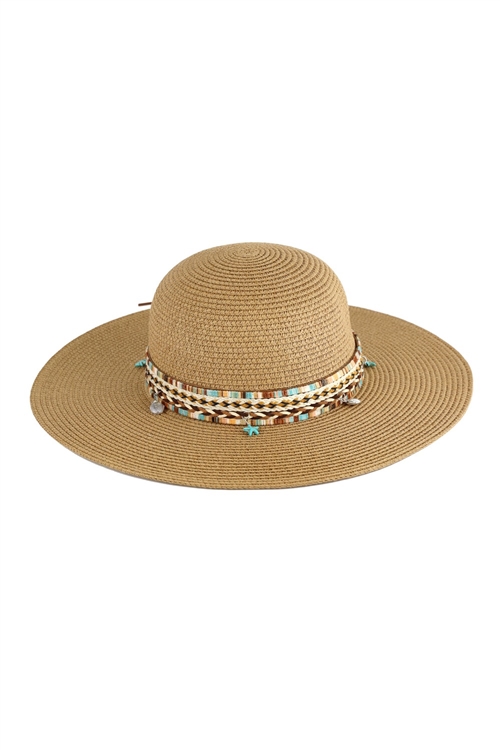 S30-1-1-MH0161-TP - FLOPPY STRAW HAT WITH BOHO AND SEALIFE BAND-TAUPE/6PCS