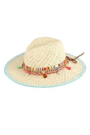 S30-1-1-MH0162-BL - STITCH EDGED STRAW HANDMADE SUN HAT WITH BOHO AND SEALIFE BAND-BLUE/6PCS