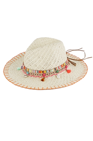 S30-1-1-MH0162-OR - STITCH EDGED STRAW HANDMADE SUN HAT WITH BOHO AND SEALIFE BAND-ORANGE/6PCS