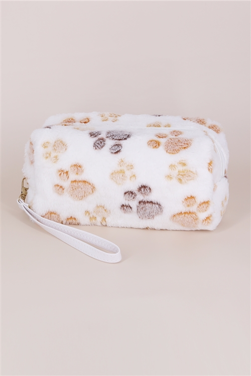 S30-1-1-MP0183-IV - FAUX FUR PAW PRINT POUCH WRISTLET-IVORY/6PCS