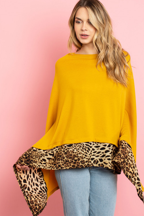 S30-1-1-MS0089MU - ALL YEAR ROUND LEOPARD TRIM SOLID PONCHO - MUSTARD/6PCS (NOW $5.25 ONLY)