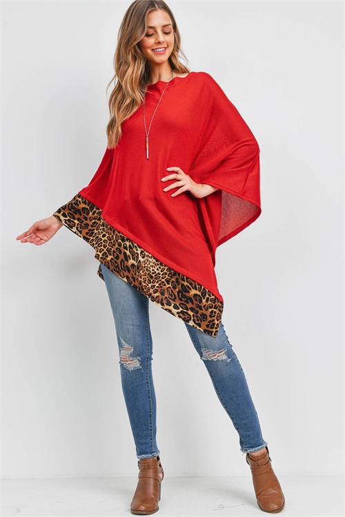 S30-1-1-MS0089RD - ALL YEAR ROUND LEOPARD TRIM SOLID PONCHO - RED/6PCS (NOW $5.25 ONLY)