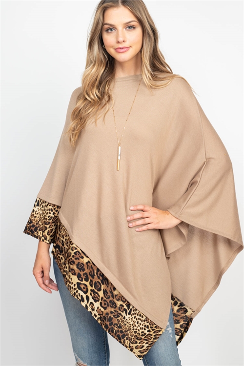 S30-1-1-MS0089TP - ALL YEAR ROUND LEOPARD TRIM SOLID PONCHO - TAUPE/6PCS (NOW $5.25 ONLY)