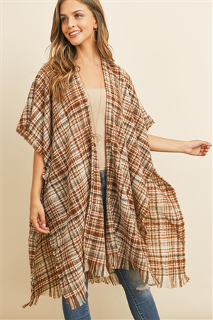 S17-6-4-MS0130CL-1 - KNEE LENGTH TARTAN PLAID FRINGE KIMONO-CAMEL/1PC