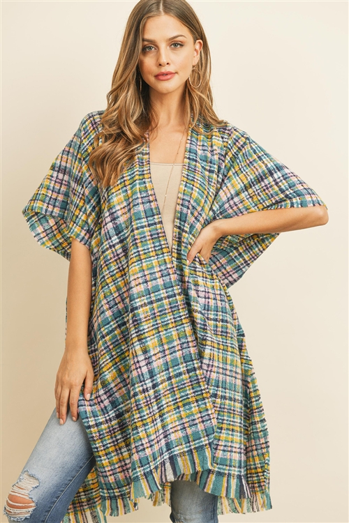 S20-1-3-MI-MS0130TL-KNEE LENGTH TARTAN PLAID FRINGE KIMONO-TEAL/6PCS (NOW $5.50 ONLY!)