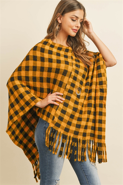 S21-10-3-MS0131MU - BUFFALO PLAID FRINGE PONCHO-MUSTARD/6PCS (NOW $7.50 ONLY!)