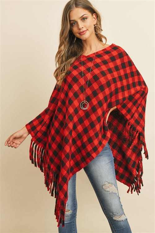 discontinued--S30-1-1-MI-MS0131RD - BUFFALO PLAID FRINGE PONCHO-RED/6PCS (NOW $7.50 ONLY!)