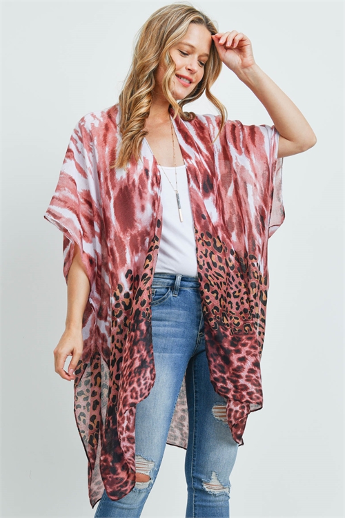 S18-11-1-MS0176RB - LEOPARD TIE DYE KIMONO RED BEAN/6PCS