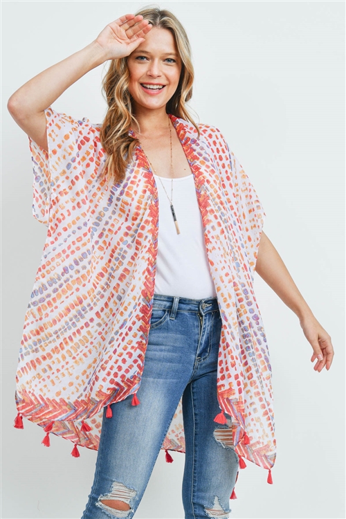 S30-1-1-MS0179RD-BL - MULTICOLOR DASH PATTERN TASSEL KIMONO RED BLUE/6PCS