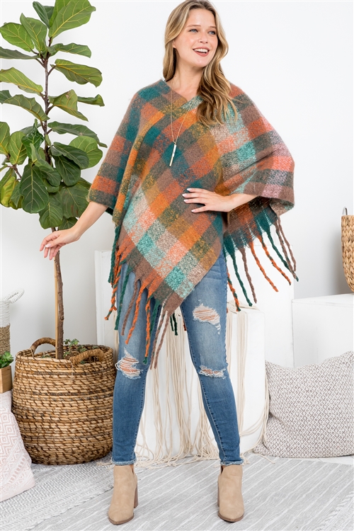 S30-1-1-MS0187GN-OR - MULTICOLOR PLAID FRINGE  PONCHO-GREEN ORANGE/6PCS  (NOW $5.00 ONLY!)