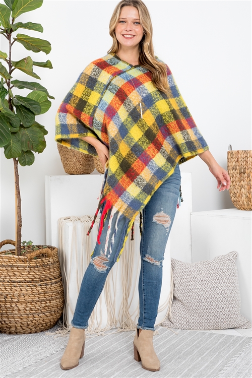 S30-1-1-MI-MS0187LE-NV - MULTICOLOR PLAID FRINGE  PONCHO-LEMON NAVY/6PCS