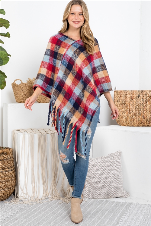 S25-4-5-MS0187NV-RD - MULTICOLOR PLAID FRINGE  PONCHO-NAVY RED/6PCS (NOW $5.00 ONLY!)