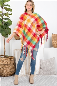 S30-1-1-MI-MS0187RD-MU - MULTICOLOR PLAID FRINGE PONCHO-RED MUSTARD/6PCS