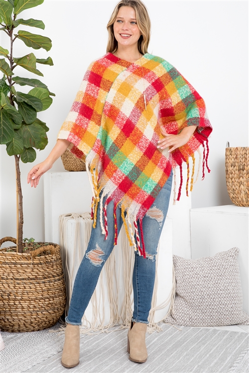 S30-1-1-MI-MS0187RD-MU - MULTICOLOR PLAID FRINGE  PONCHO-RED MUSTARD/6PCS (NOW $5.00 ONLY!)