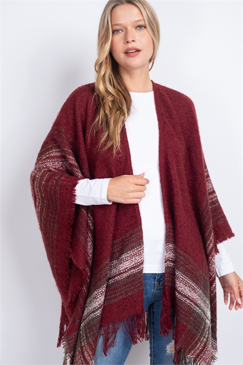 S30-1-1-MS0188BU - MULTI PLAID RUANA WRAP BURGUNDY /6PCS