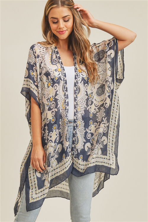 discontinued--S30-1-1-MS0214NV - BOHEMIAN PRINT OPEN FRONT KIMONO - NAVY/6PCS