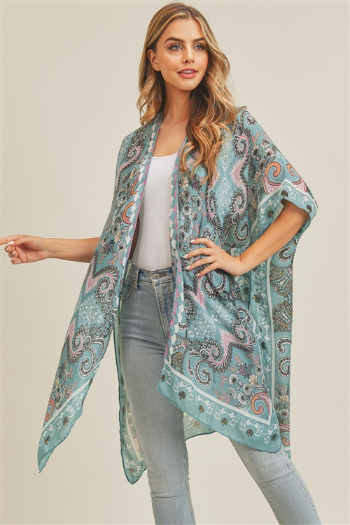 S30-1-1-MS0215TL - BOHEMIAN PATTERN KIMONO - TEAL/6PCS