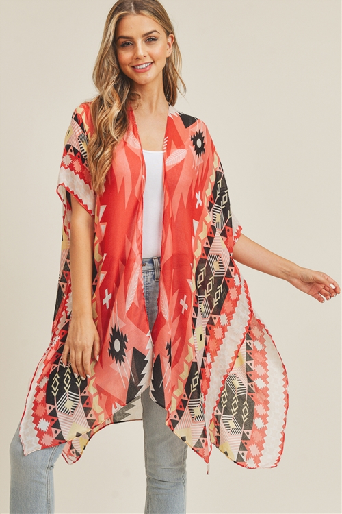 S30-1-1-MS0218CO - TRIBAL PATTERN KIMONO - CORAL/6PCS