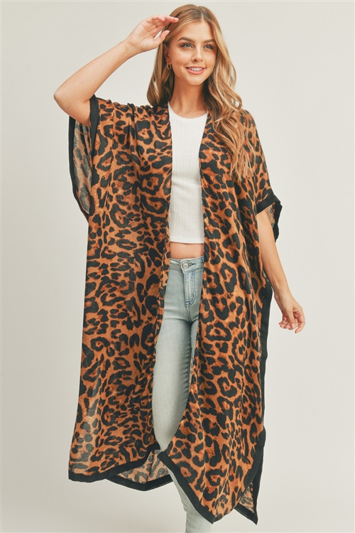 S30-1-1-MS0295-BR - LEOPARD PRINT OPEN FRONT LONG KIMONO-BROWN/6PCS