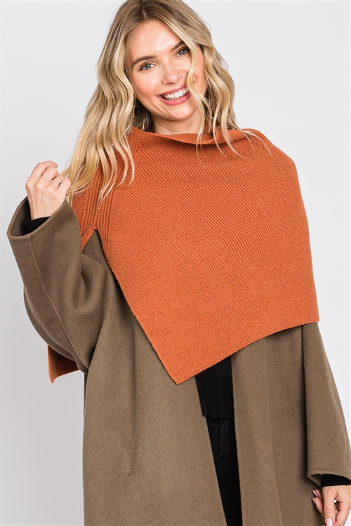 S30-1-1-MS0318-RU - KNIT ELEGANT TURTLENECK SLIT SHAWL-RUST/6PCS