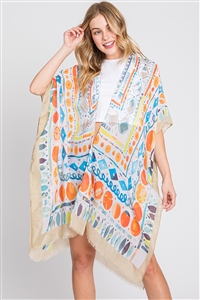 S30-1-1-MS0350-BE - WATERCOLOR BOHO GEOMETRIC PRINT KIMONO-BEIGE/6PCS