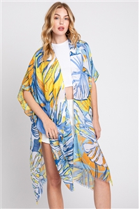 S30-1-1-MS0351-BL - HAND DRAWN TROPICAL LEAVES KIMONO-BLUE/6PCS