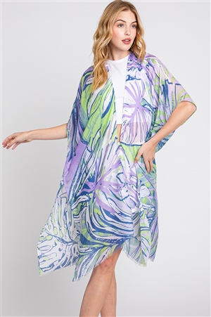 S30-1-1-MS0351-PU - HAND DRAWN TROPICAL LEAVES KIMONO-PURPLE/6PCS